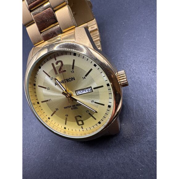 Armitron Gold Tone Stainless Steel Day & Date Watch 20/5496GP 43.8mm Working - Picture 3 of 10